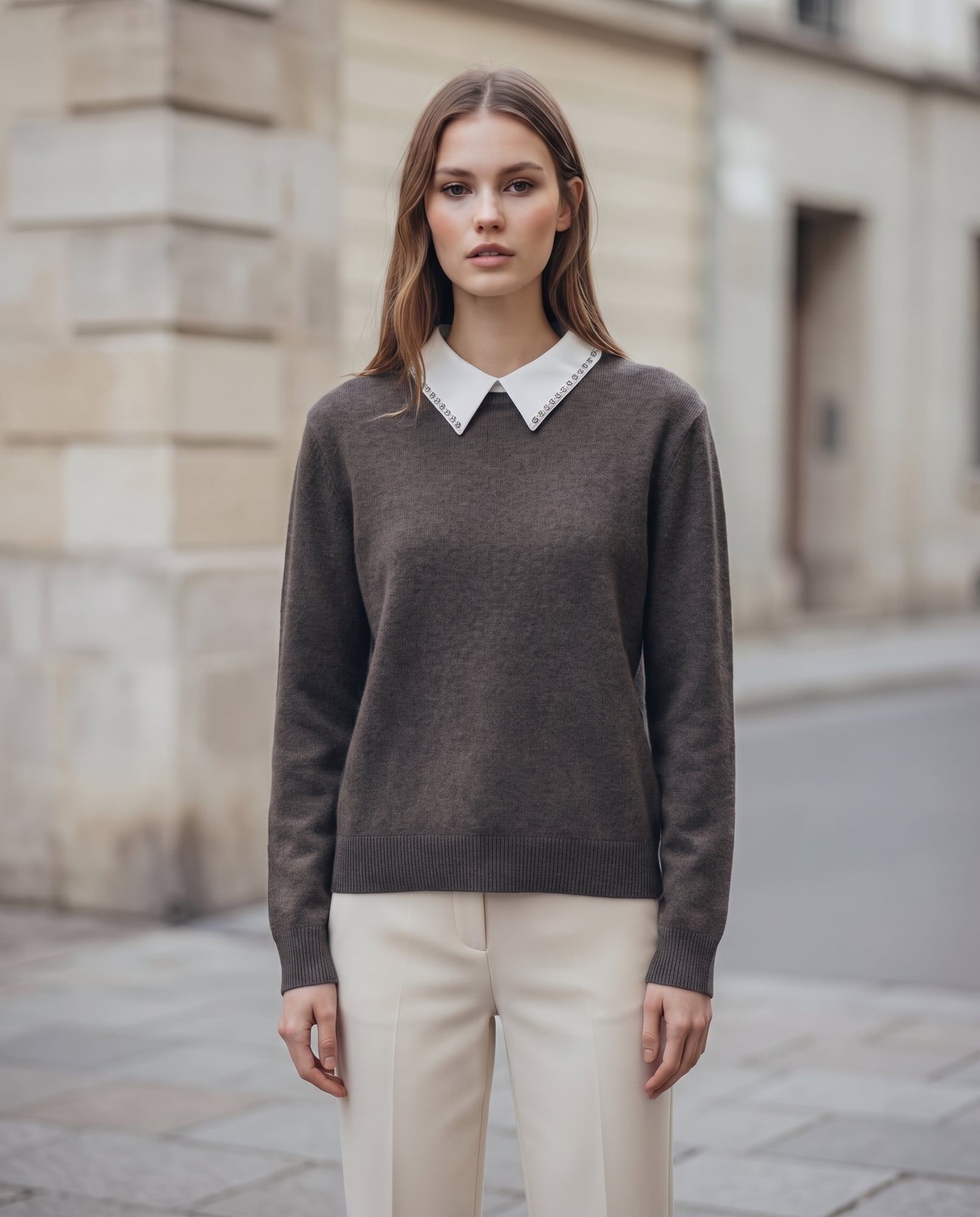 Maglia con colletto gioiello, cioccolato