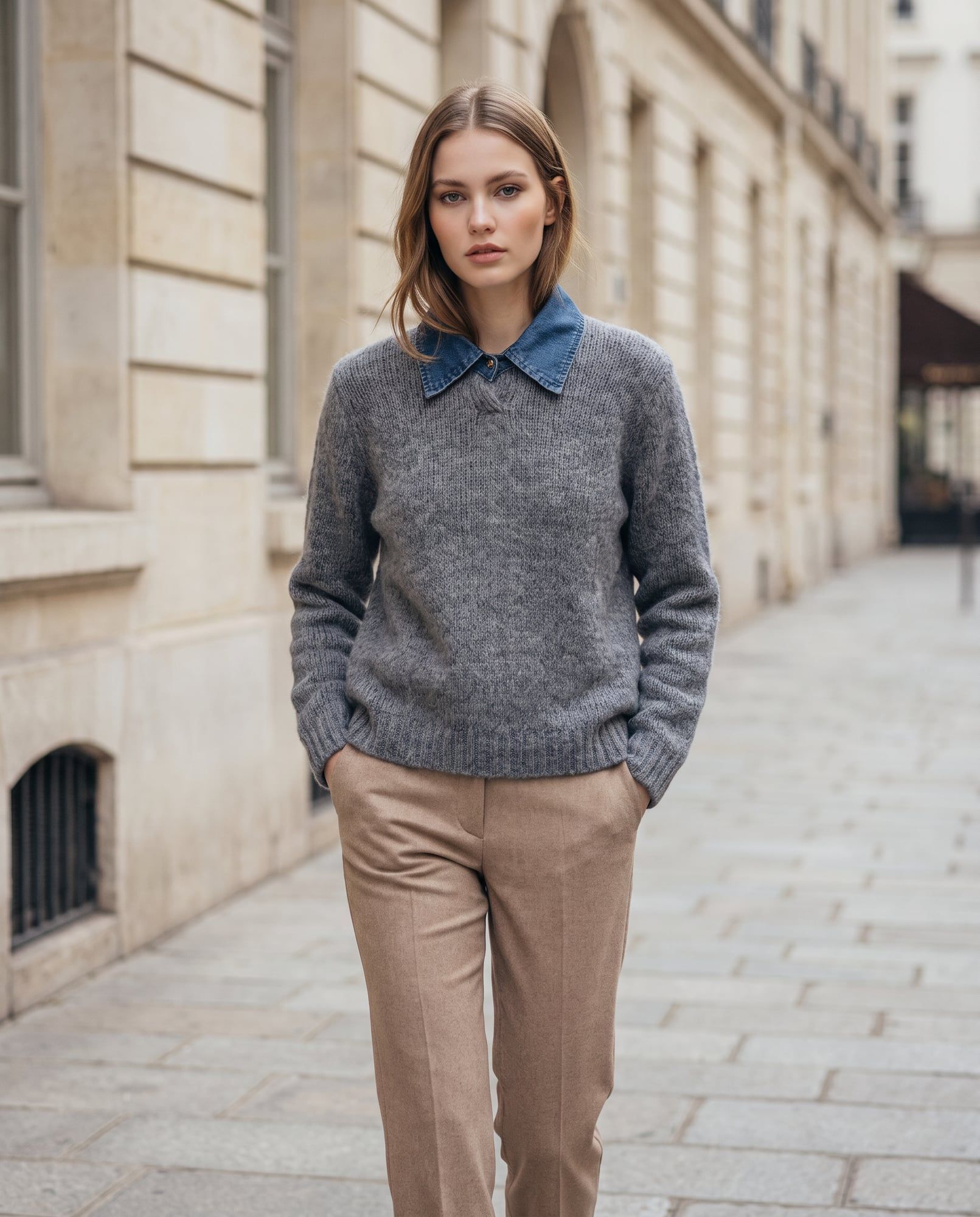 Maglia con colletto in denim — grigio