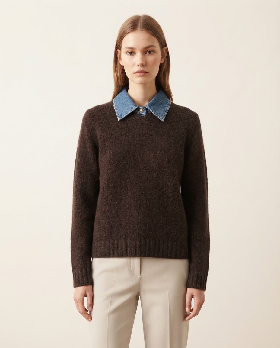 Maglia con colletto in denim, cioccolato