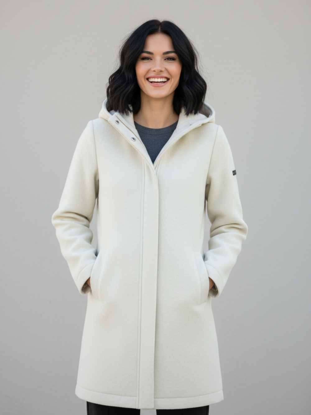 CAPPOTTO IN LANA ACCOPPIATA CON CAPPUCCIO  PANNA 
