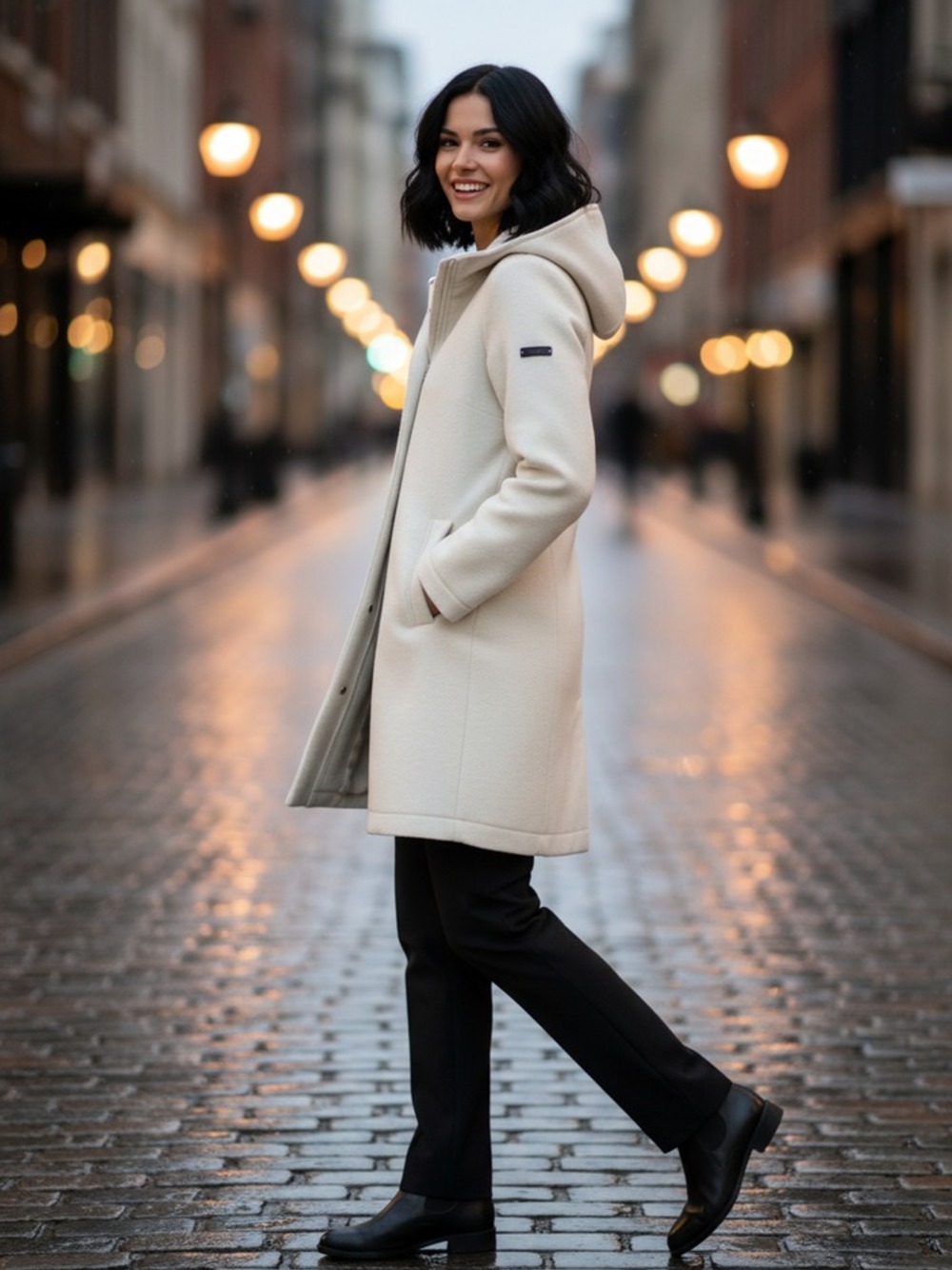 CAPPOTTO IN LANA ACCOPPIATA CON CAPPUCCIO  PANNA 
