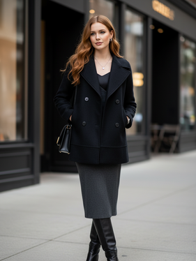 Peacoat in lana accoppiata  nero 