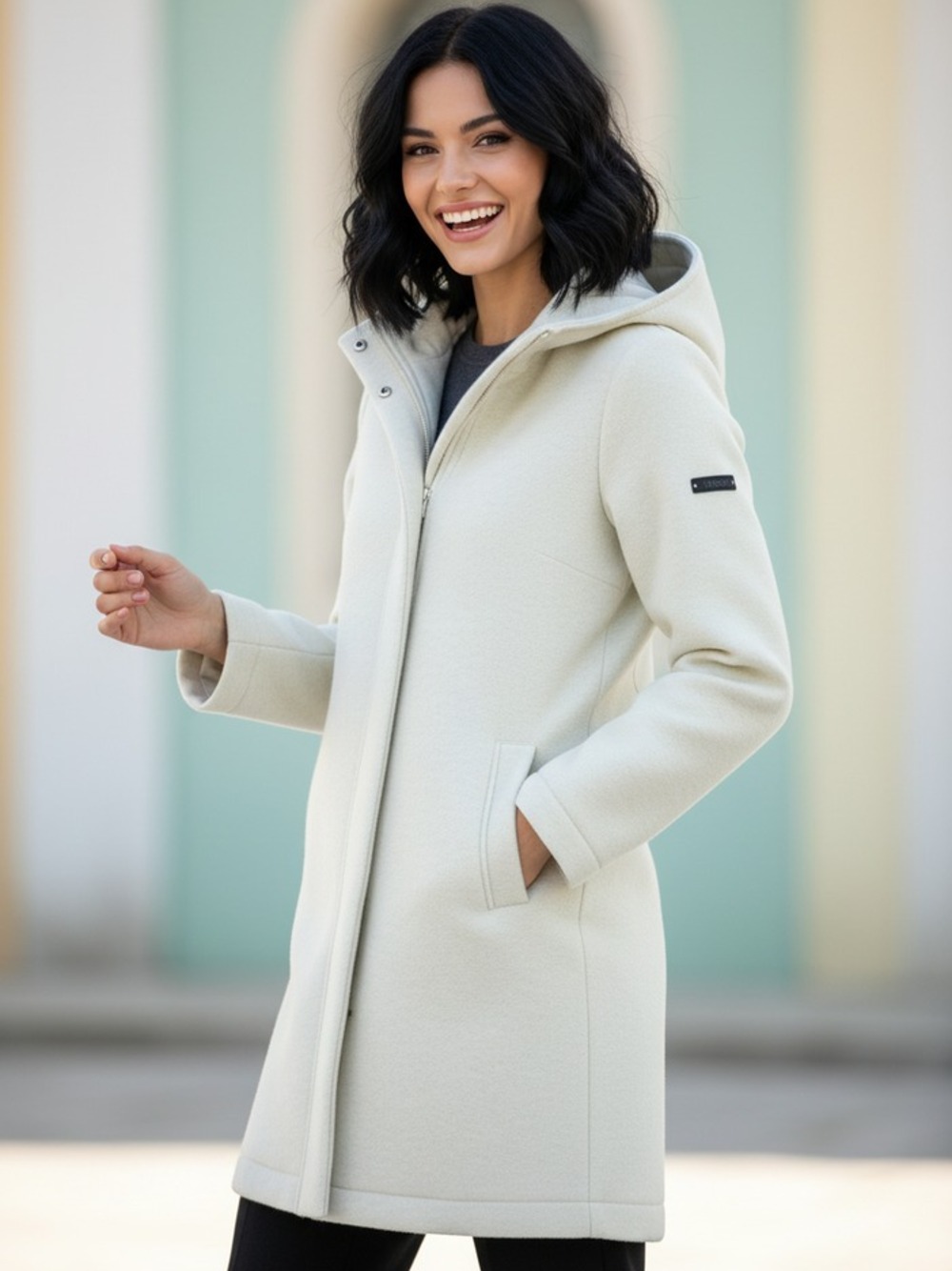 CAPPOTTO IN LANA ACCOPPIATA CON CAPPUCCIO  PANNA 