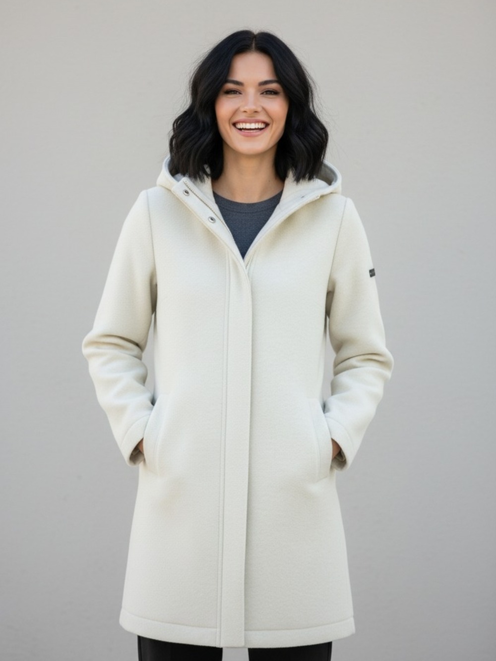 CAPPOTTO IN LANA ACCOPPIATA CON CAPPUCCIO  PANNA 
