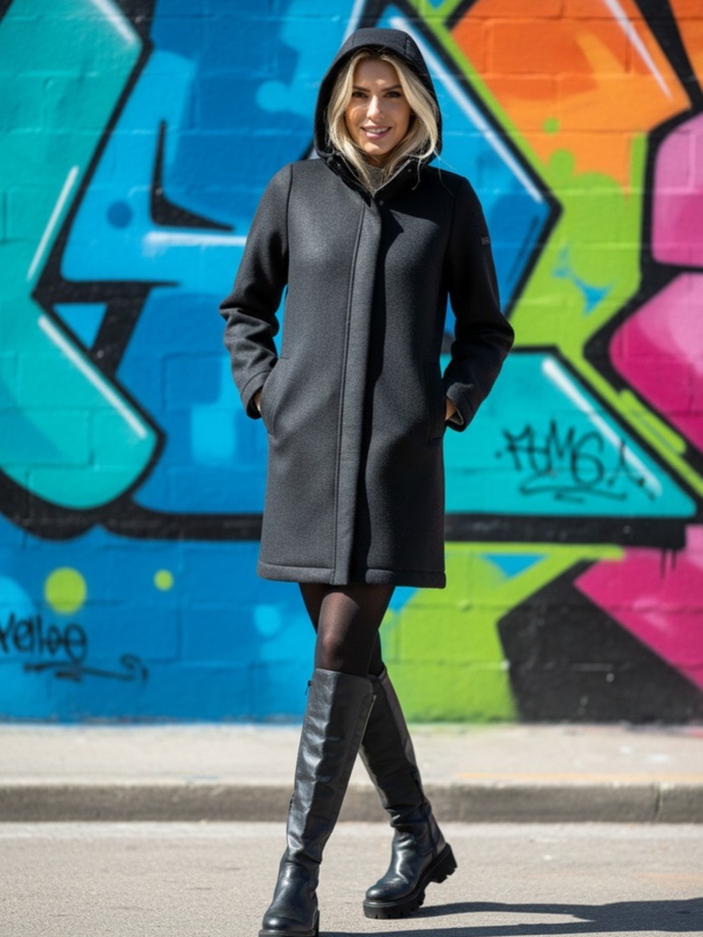 CAPPOTTO IN LANA ACCOPPIATA CON CAPPUCCIO  NERO 